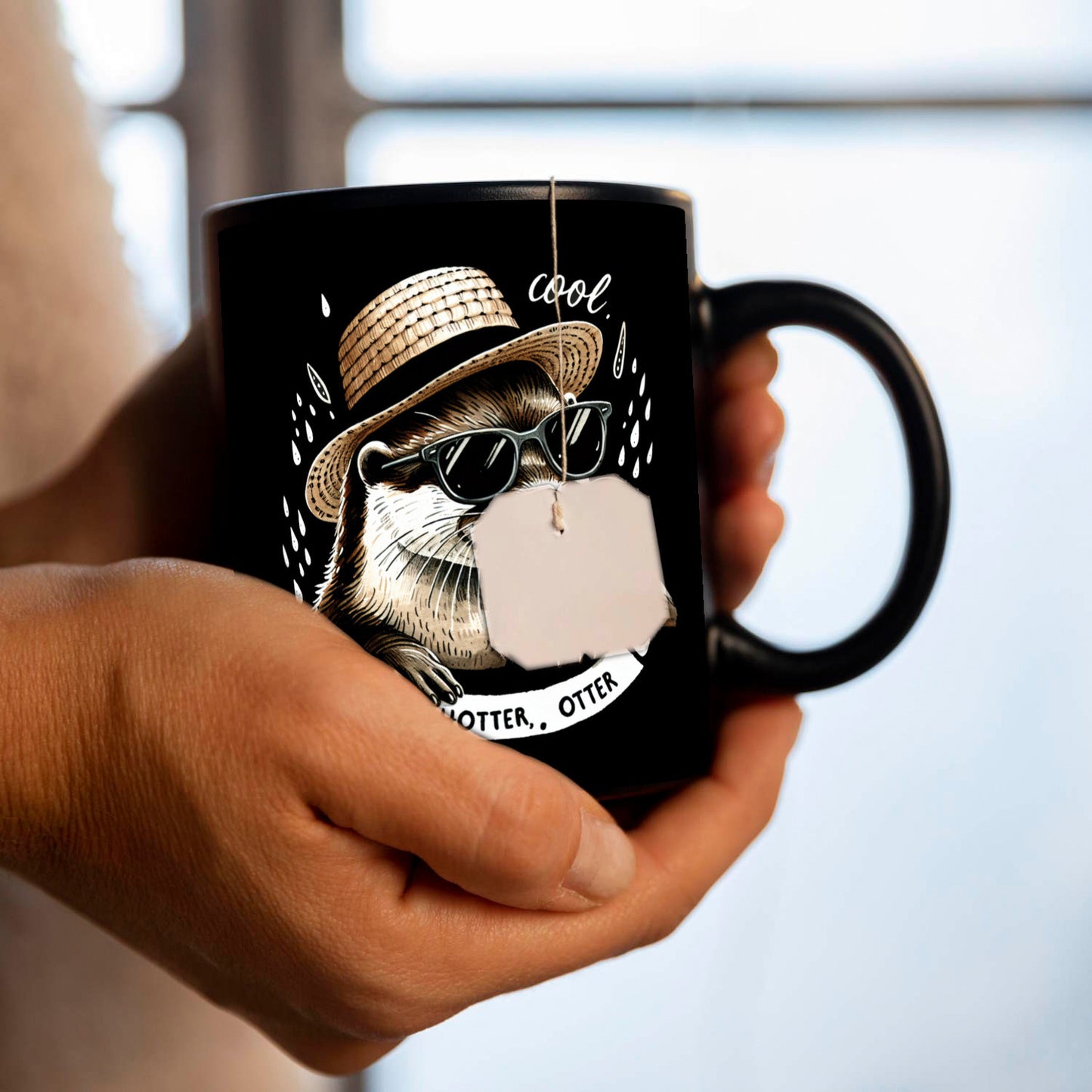 Otter mit Strohhut und Sonnenbrille Tasse in Schwarz mit Spruch Hot Hotter Otter