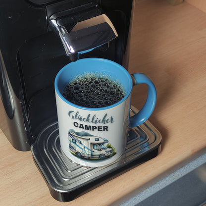 Wohnmobil Kaffeebecher in hellblau mit Spruch Glücklicher Camper