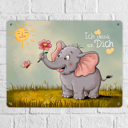 Cartoon-Elefant mit Blume - Metallschild XL in 21x28 cm - Ich denk an dich