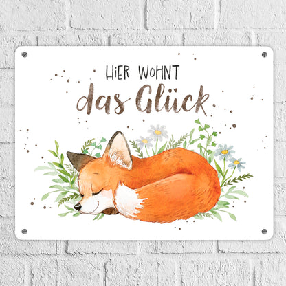 Fuchs Metallschild XL in 21x28 cm in weiß mit Spruch Hier wohnt das Glück