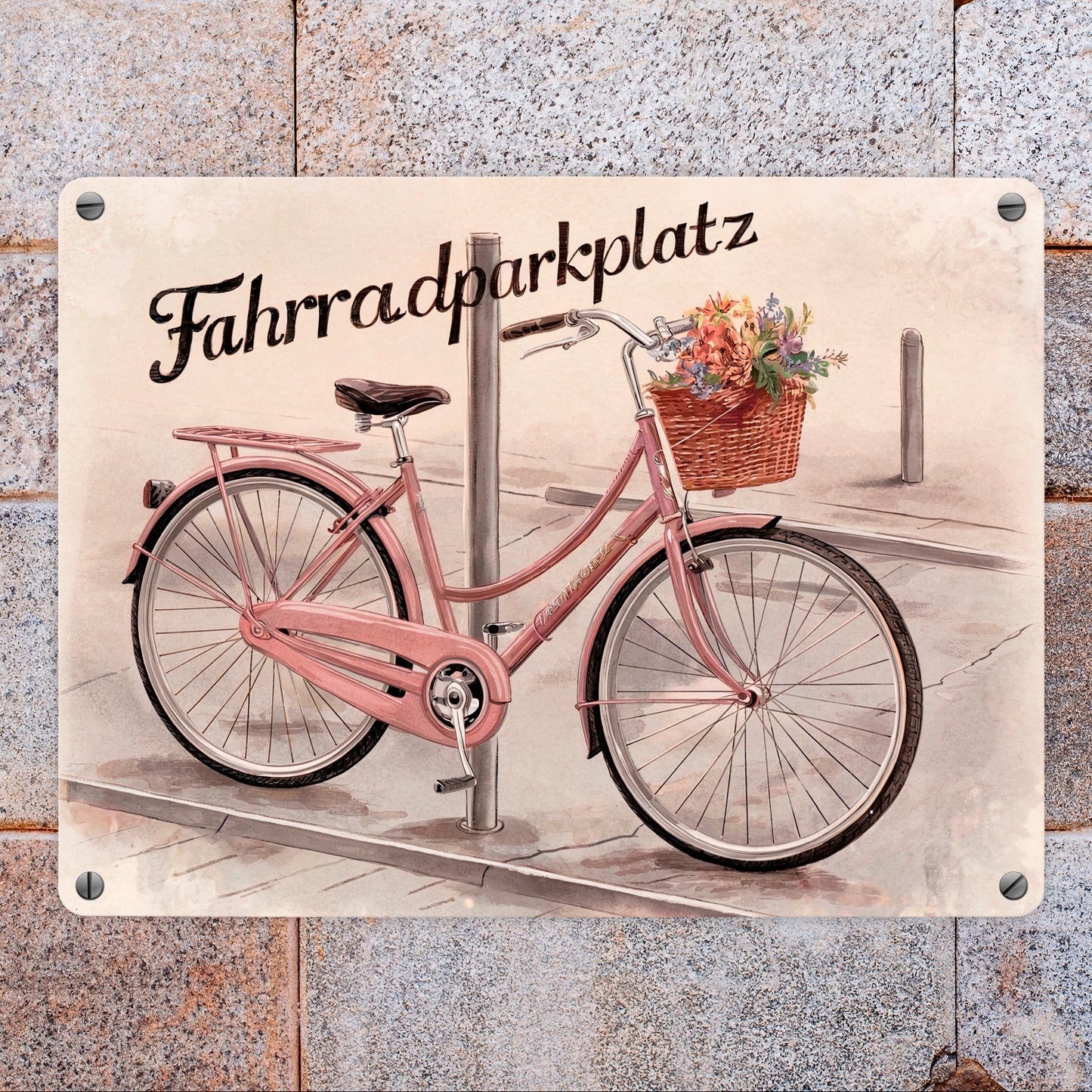 Fahrradparkplatz Metallschild in 15x20 cm mit rosa Drahtesel und Blumenkorb