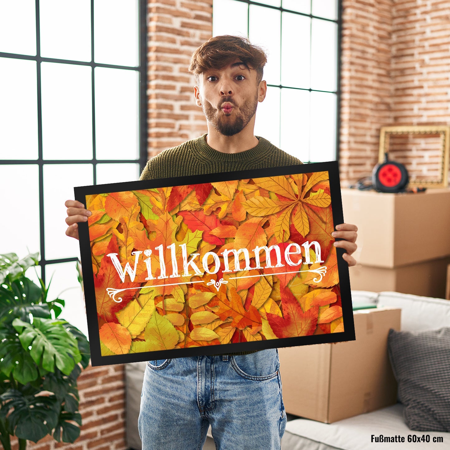 Fußmatte XL in 40x60 cm mit schönen Herbstblättern und Schriftzug - Willkommen