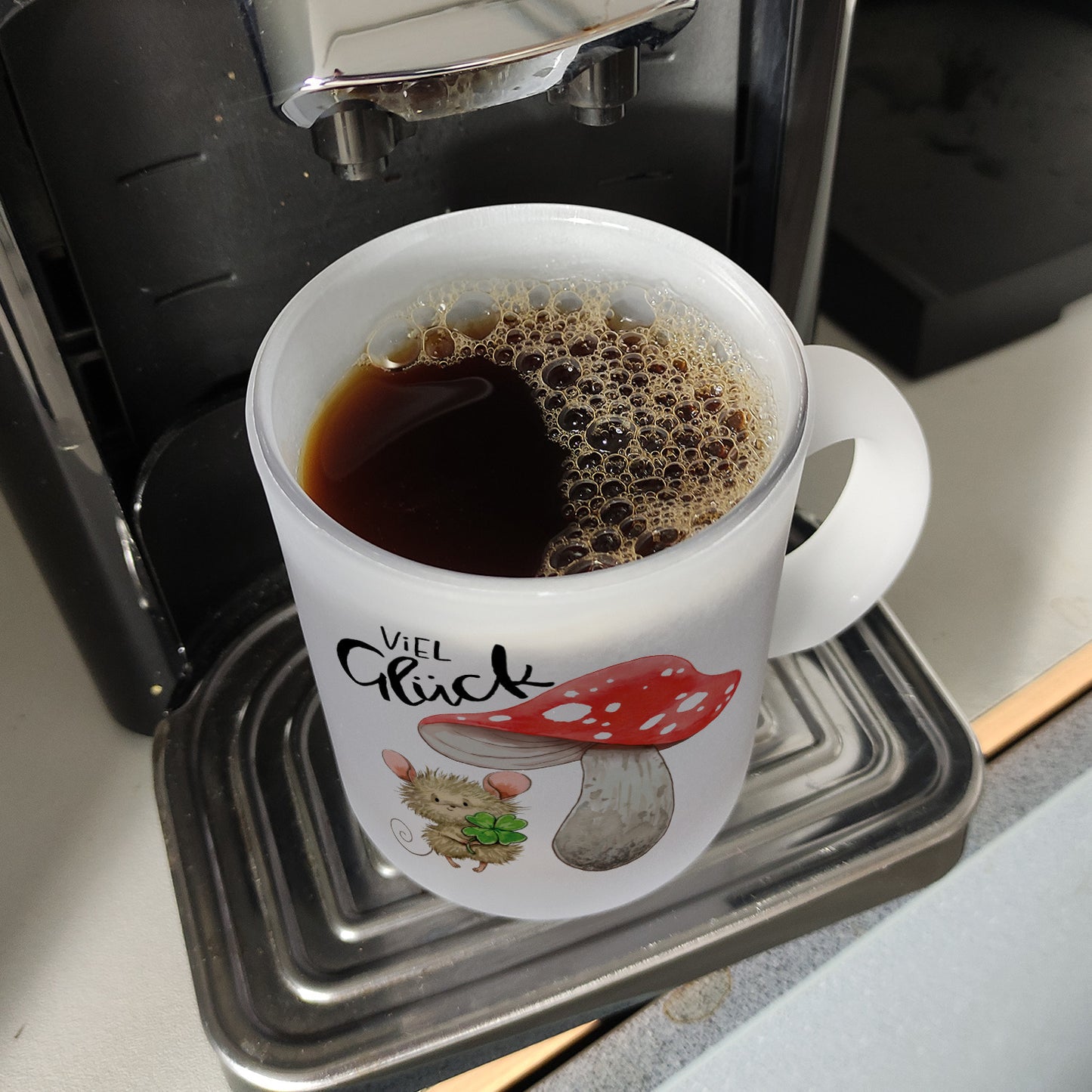 Maus mit Fliegenpilz Glas Tasse mit Spruch Viel Glück