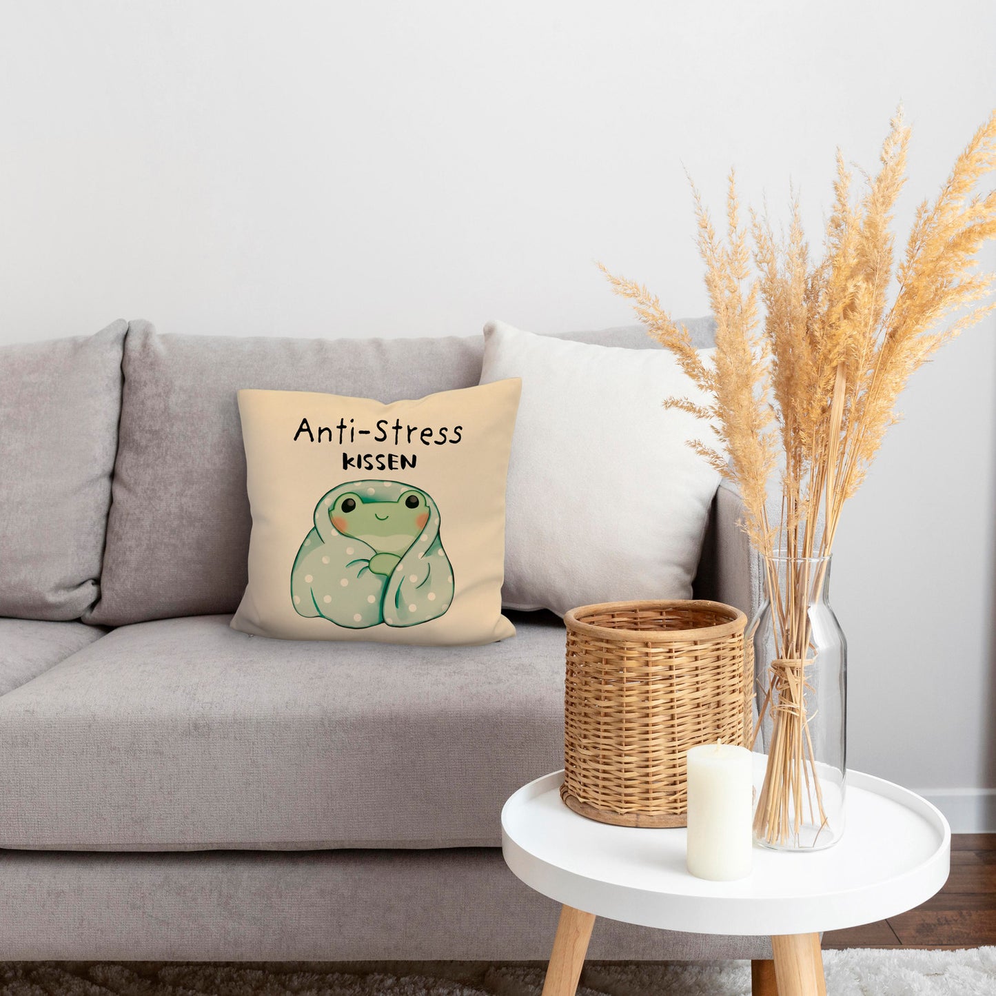 Frosch in blauer Decke Kissen mit Leinenoptik mit Spruch Anti-Stress Kissen mit Leinenoptik