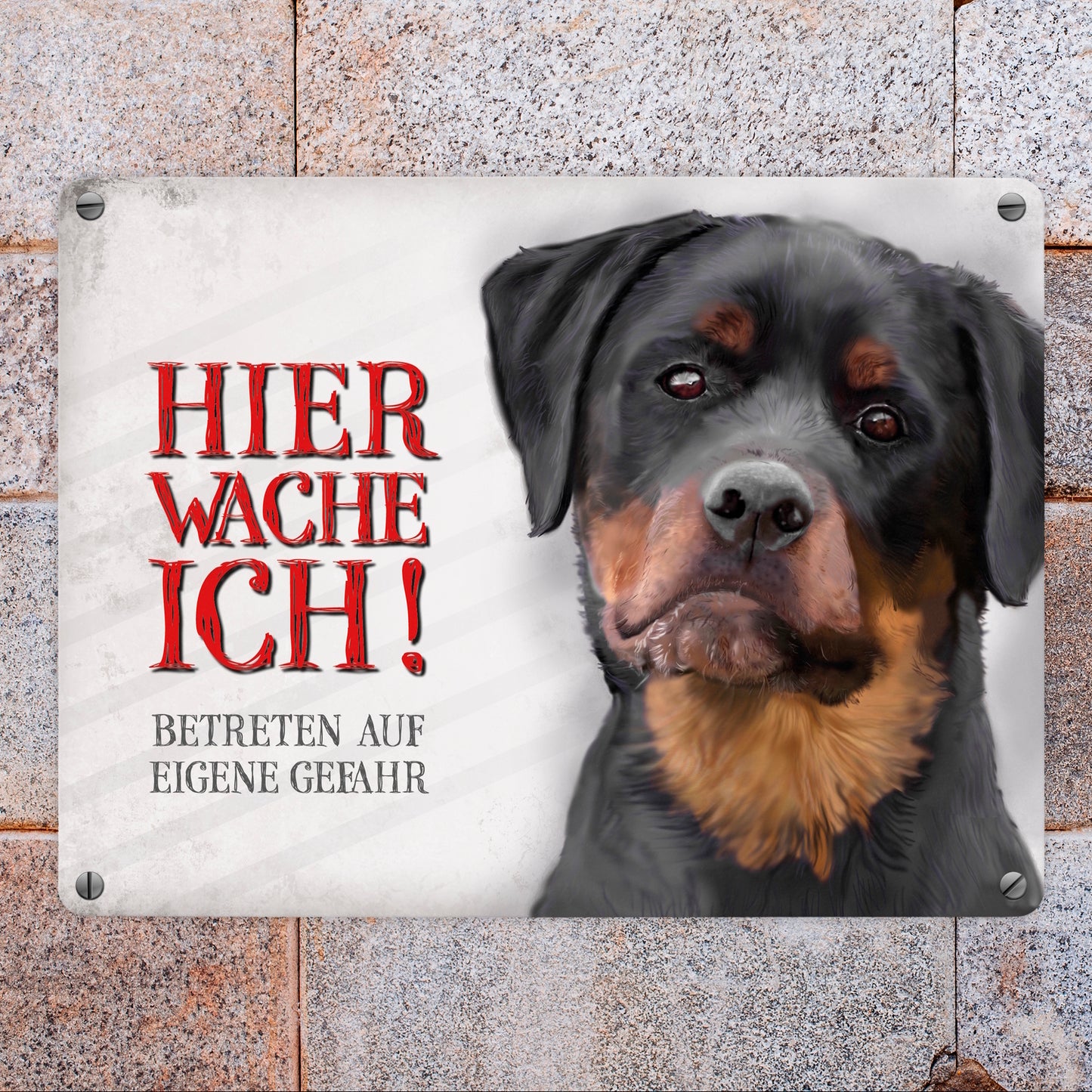 Metallschild mit Rottweiler Motiv und Spruch: Betreten auf eigene Gefahr ...