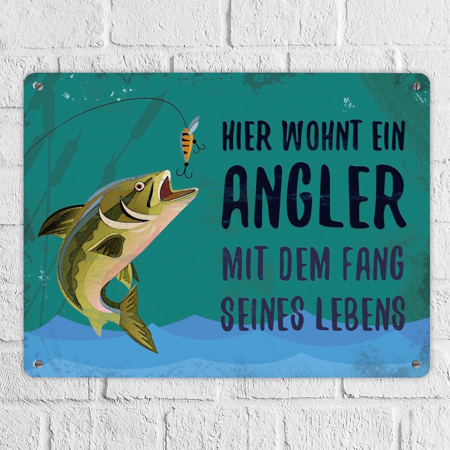 Metallschild XL mit Spruch: Hier wohnt ein Angler