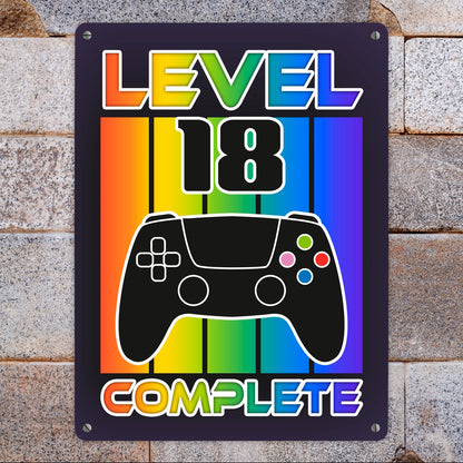 18. Geburtstag Gamer Metallschild XL in 21x28 cm mit Spruch Level 18 complete