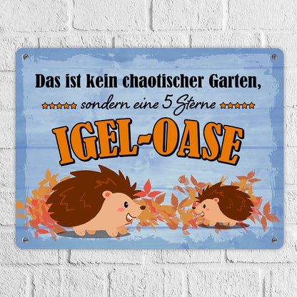 Igel Metallschild XL in 21x28 cm mit Spruch - Garten ist eine 5 Sterne Igel-Oase