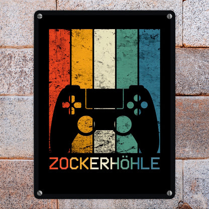 Zockerhöhle Metallschild mit Retro Gamer-Motiv