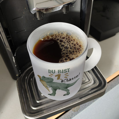 Dino mit Schultüte Glas Tasse mit Spruch Du bist 1. Klasse!