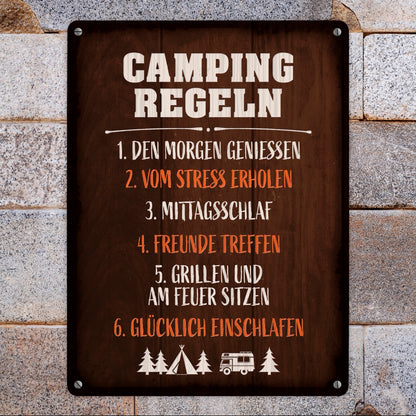 Metallschild XL mit Camping Motiv und Spruch: Camping regeln