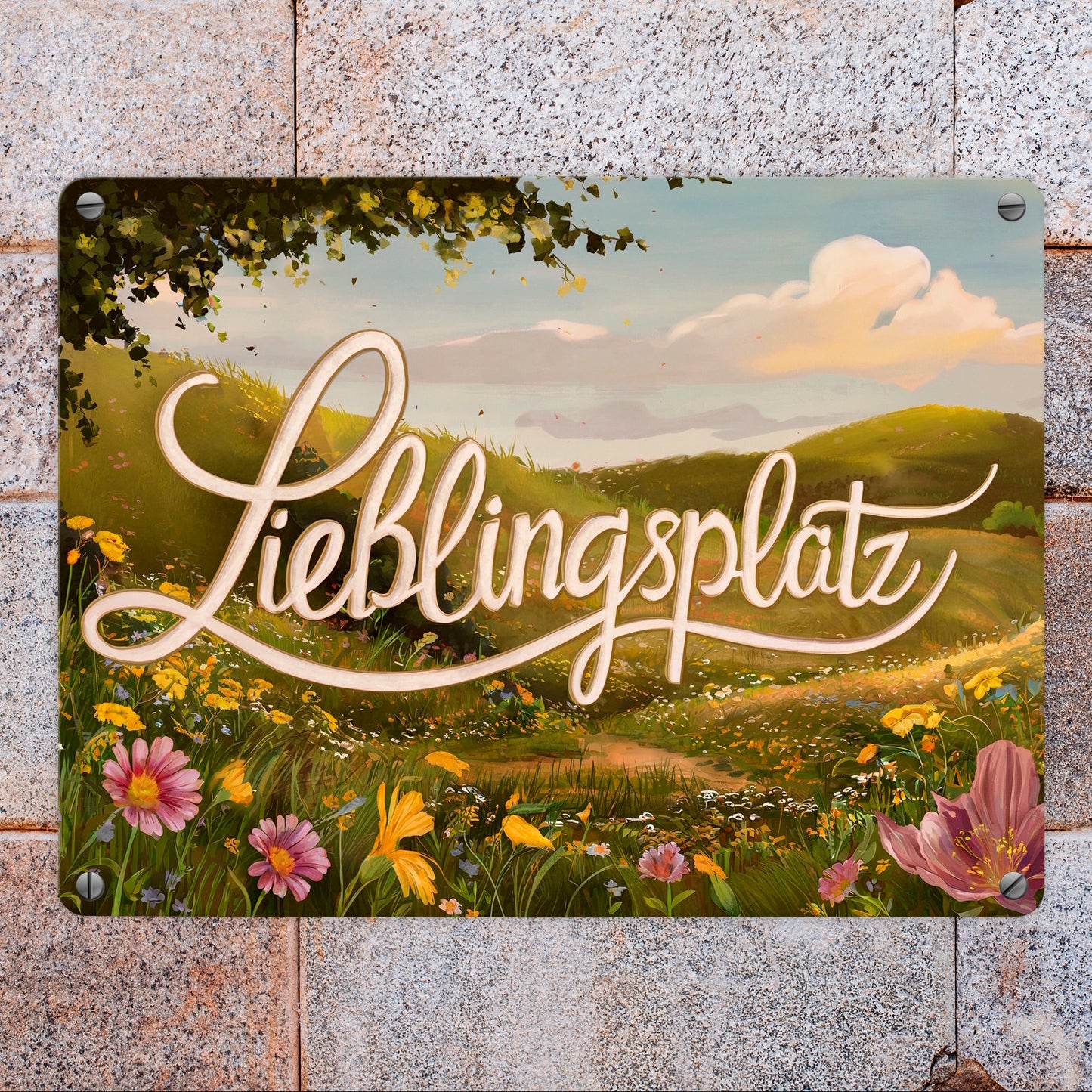 Lieblingsplatz Metallschild in 15x20 cm mit Blumenwiese