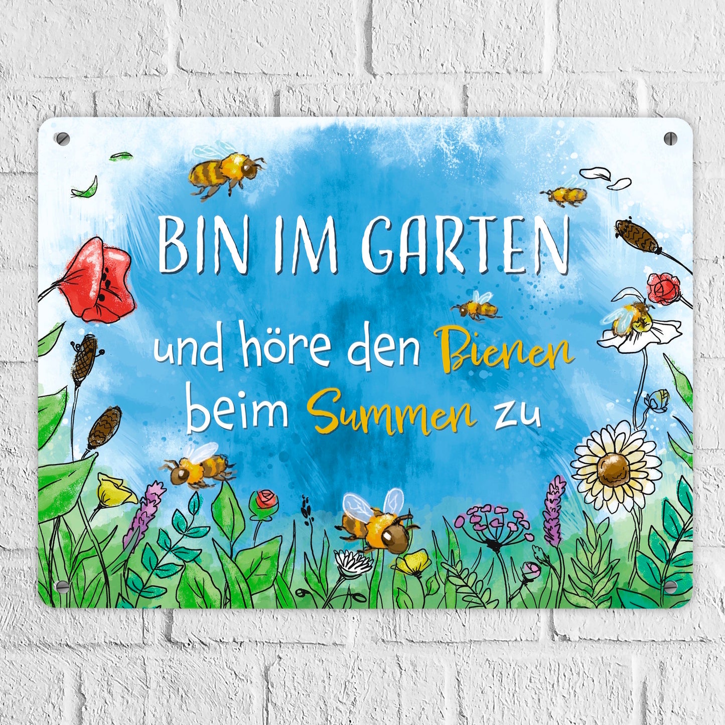 Bin im Garten Metallschild XL in 21x28 cm mit Blumenwiese und Bienen