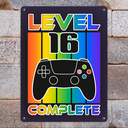 16. Geburtstag Gamer Metallschild XL in 21x28 cm mit Spruch Level 16 complete