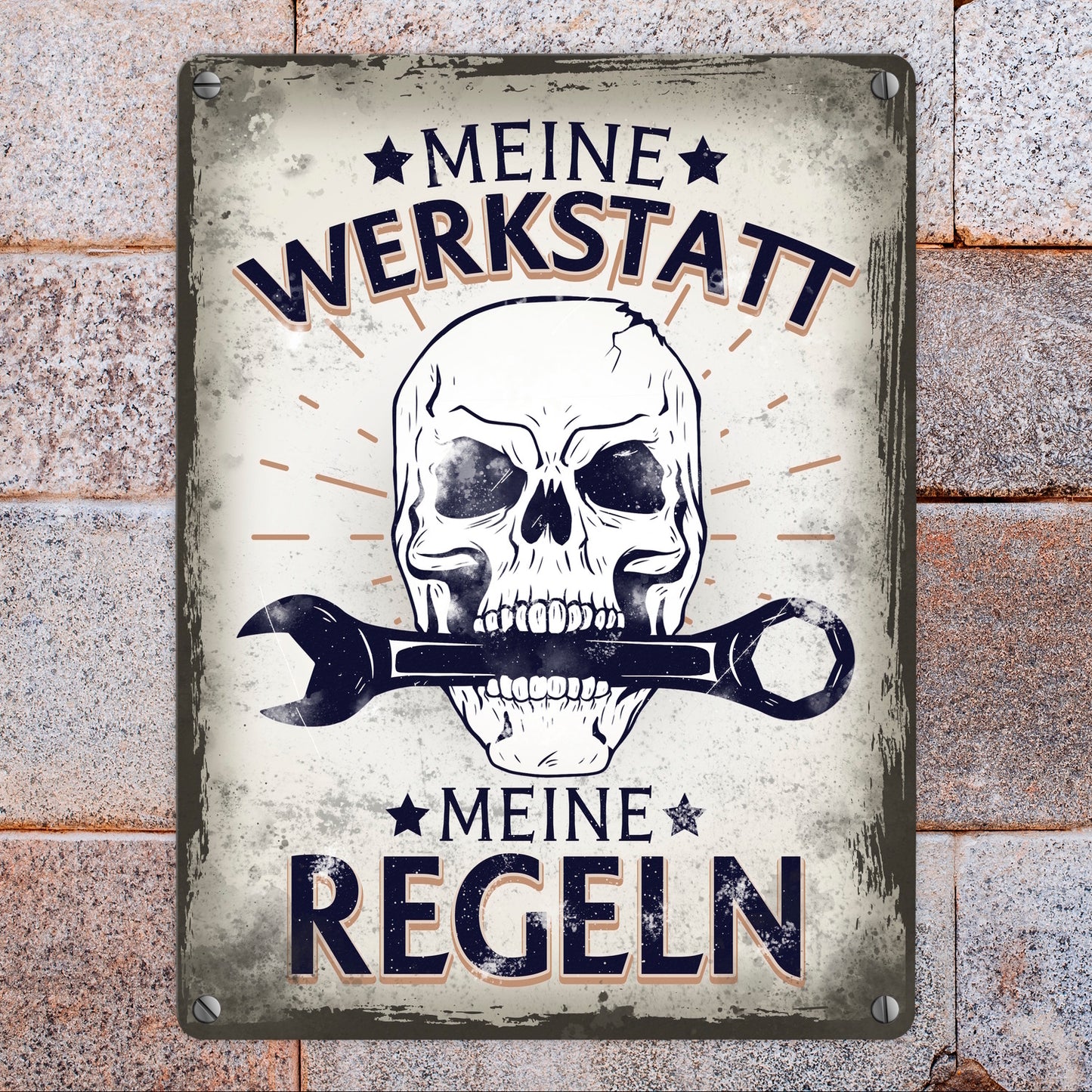 Meine Werkstatt meine Regeln mit Totenkopf Metallschild in 15x20 cm