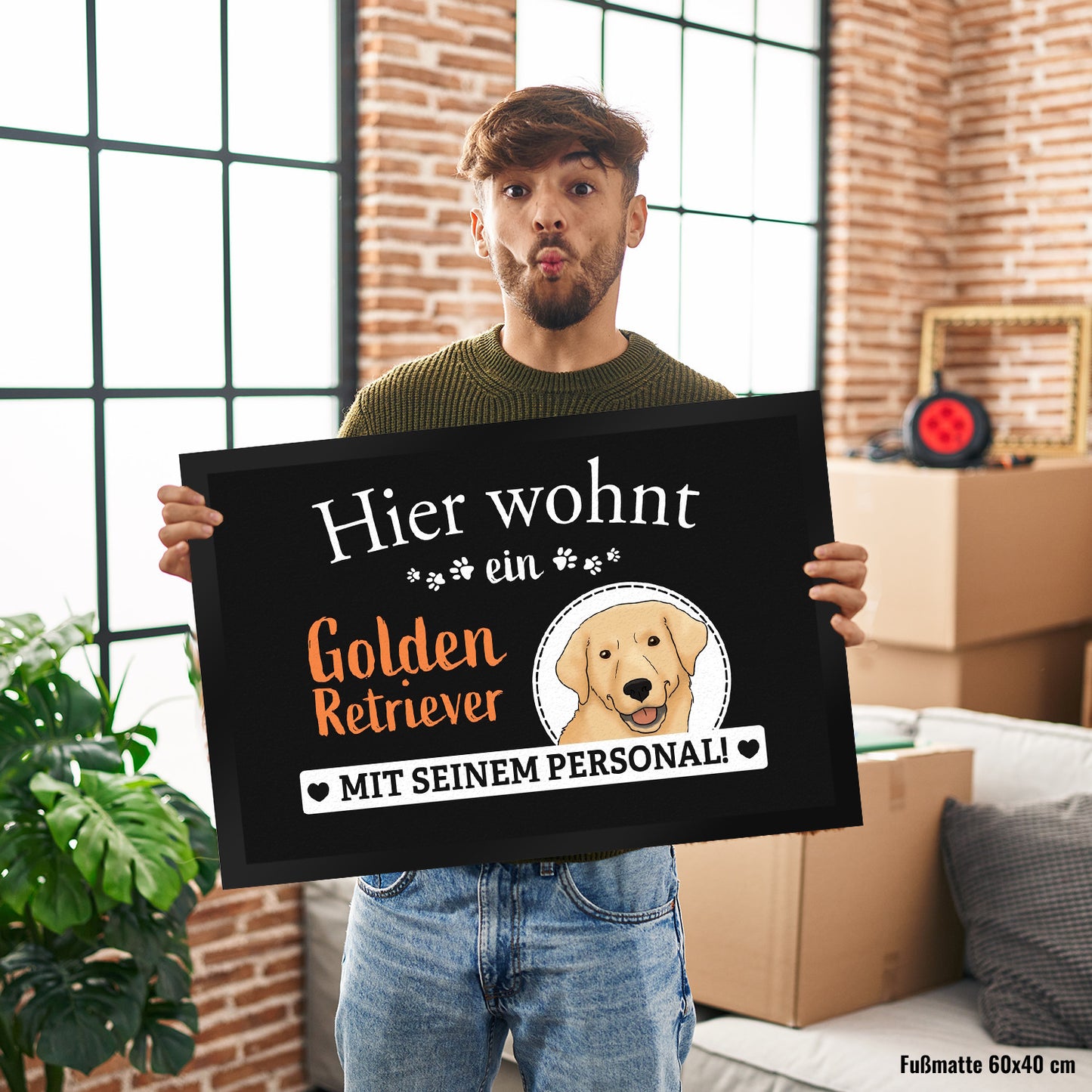 Hier wohnt ein Golden Retriever mit seinem Personal Fußmatte XL in 40x60 cm