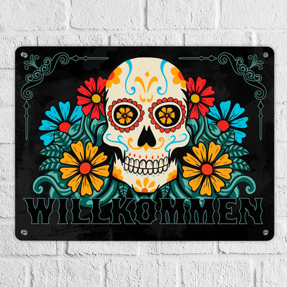 Willkommen Metallschild XL in 21x28 cm mit Totenkopf und Blumenmotiv