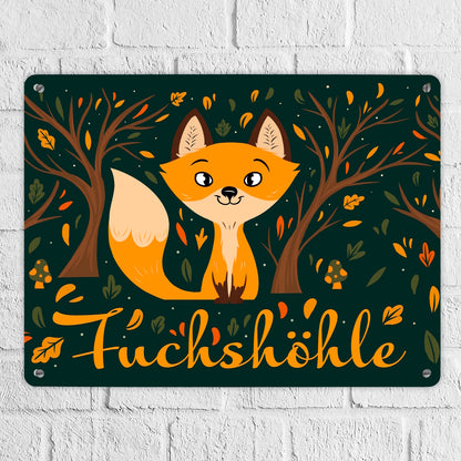 Metallschild XL in 21x28 cm mit niedlichem Fuchs im Wald und Herbst Motiven - Fuchshöhle