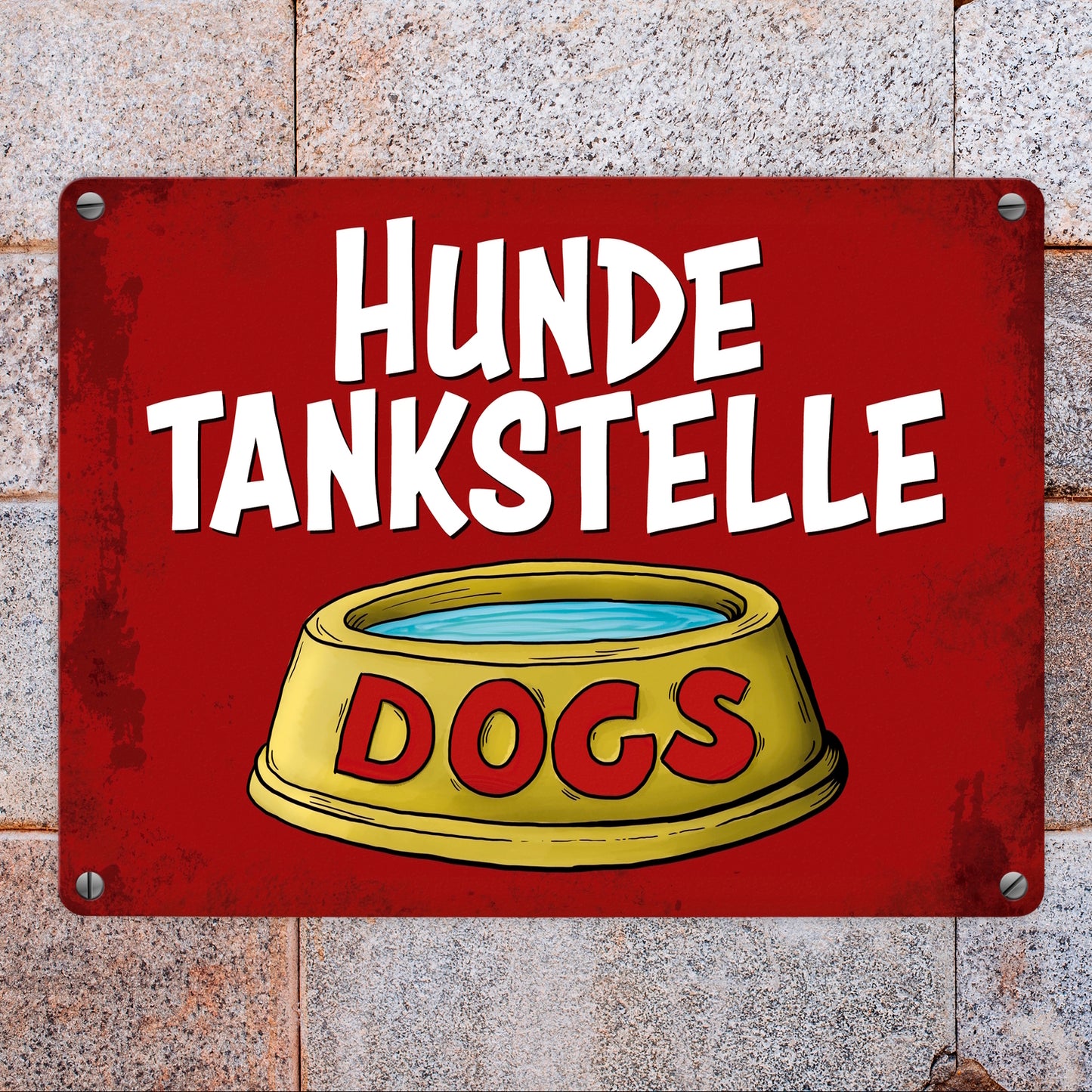 Metallschild mit Wassernapf Motiv und Spruch: Hundetankstelle