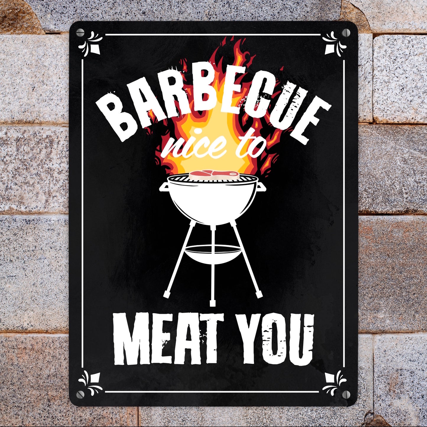 Barbecue - nice to meat you Metallschild XL in 21x28 cm mit Grill