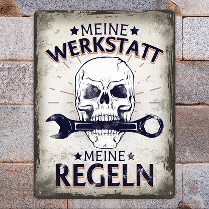 Meine Werkstatt meine Regeln mit Totenkopf Metallschild XL in 21x28 cm