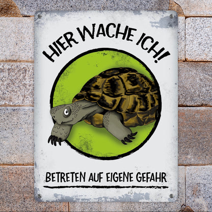 Metallschild XL mit Schildkröte Motiv und Spruch: Hier wache ich! Betreten ...