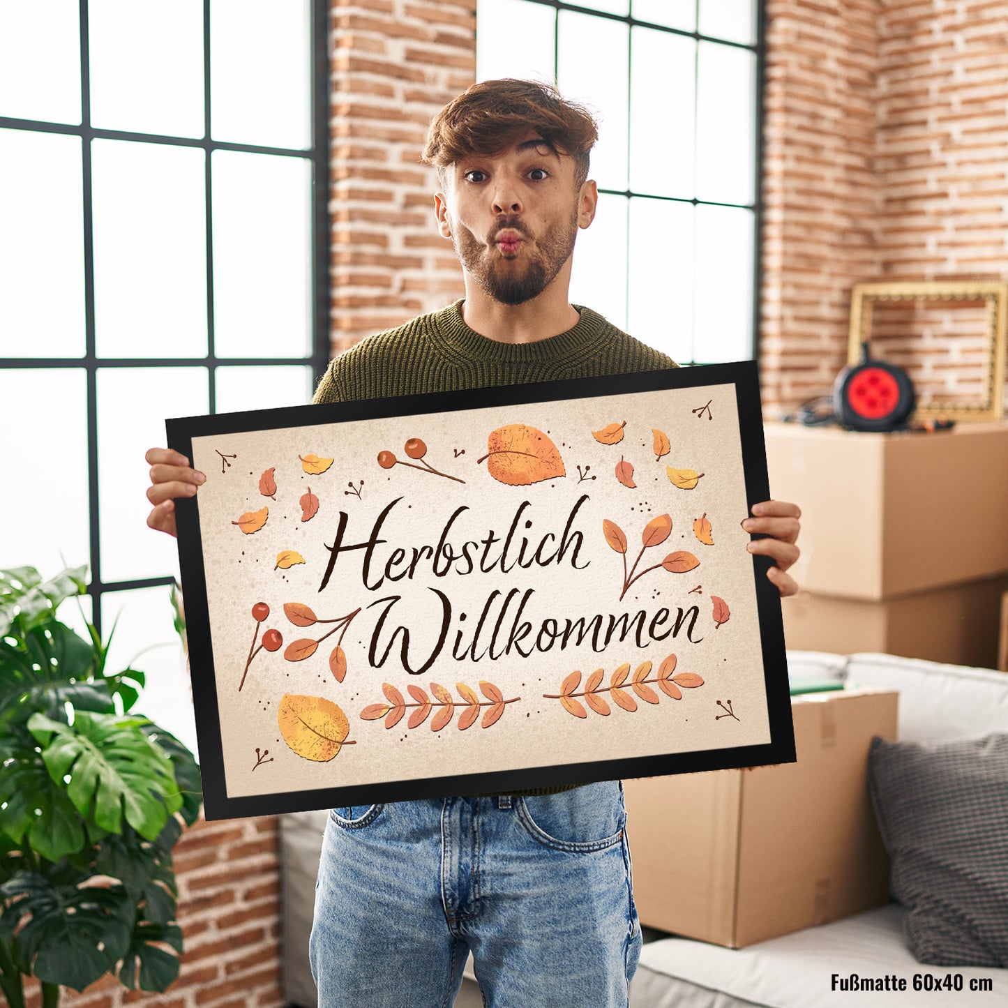 Herbstlich Willkommen Fußmatte XL in 40x60 cm mit bunten Blättern