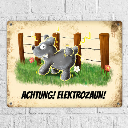 Metallschild XL mit elektrisierendem Motiv und Spruch: Achtung! Elektrozaun!