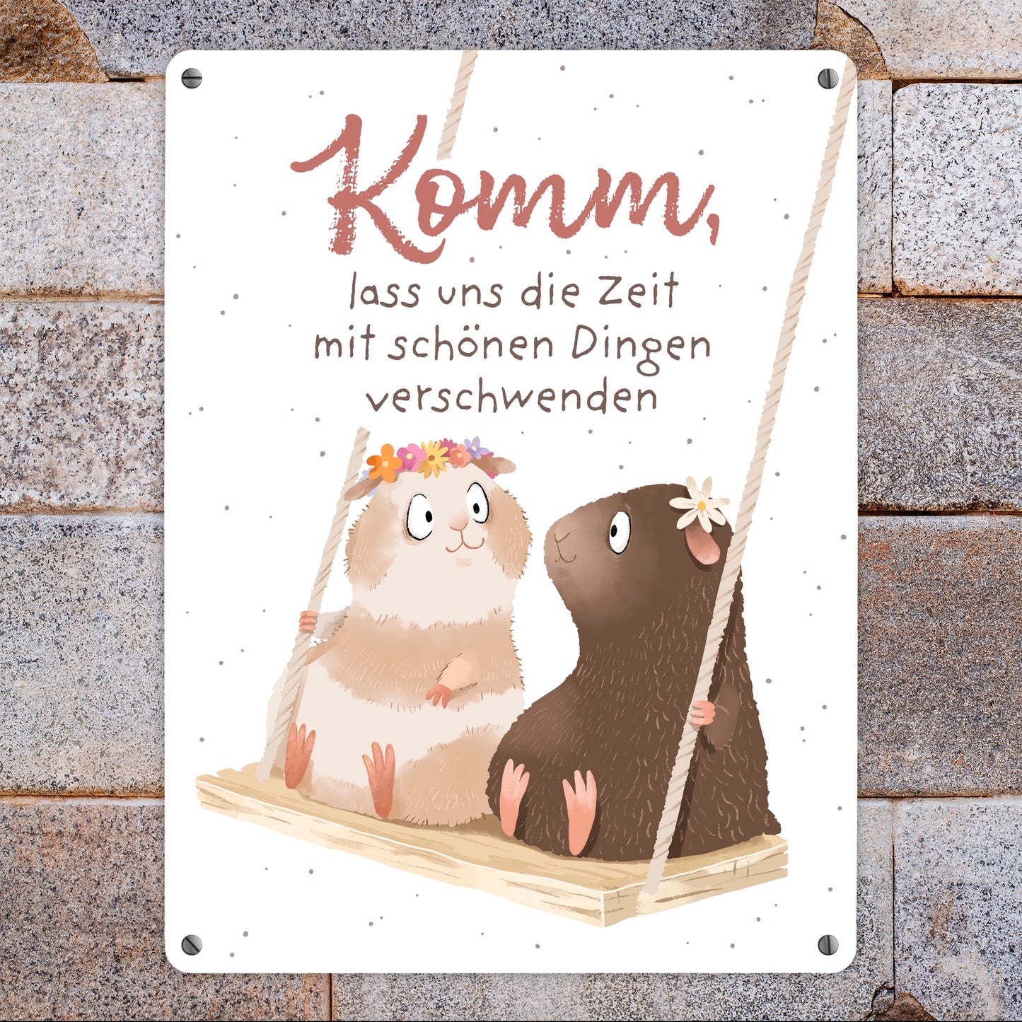 Meerschweinchen Metallschild XL in 21x28 cm mit Spruch Zeit mit Schönem verschwenden