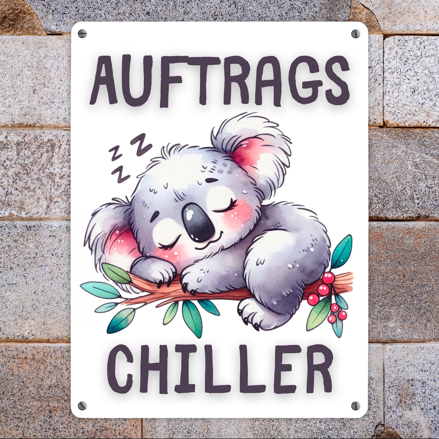 Schlafender Koala Metallschild XL in 21x28 cm mit Spruch Auftragschiller