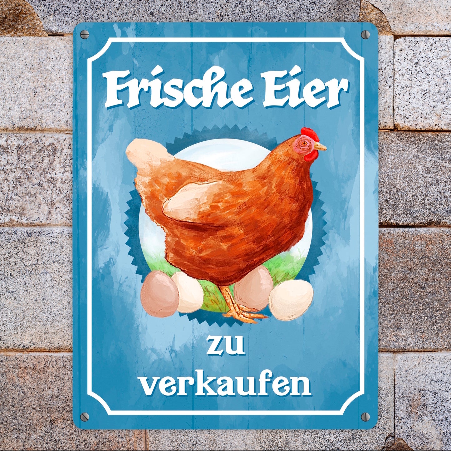 Frische Eier zu verkaufen Metallschild XL in 21x28 cm mit Huhn Motiv