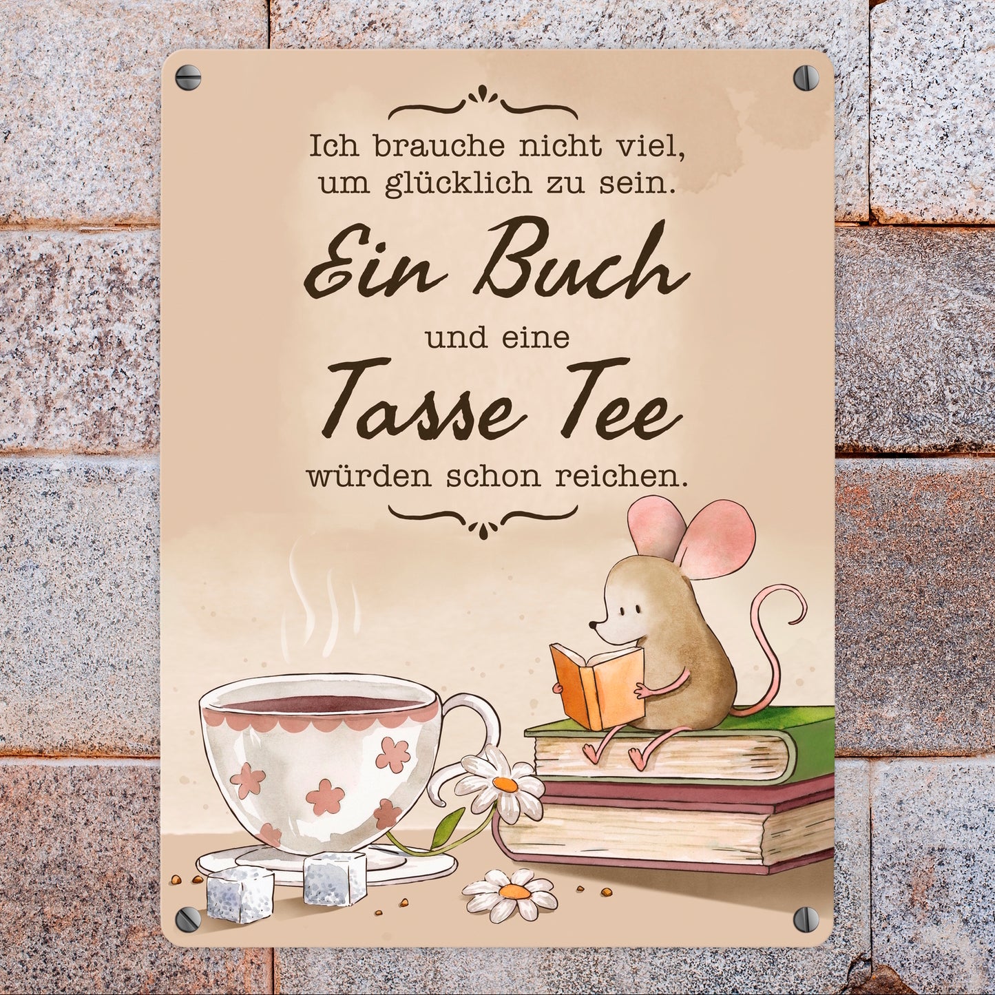 Maus mit Buch Metallschild in 15x20 cm mit Spruch Buch und Tee machen mich glücklich