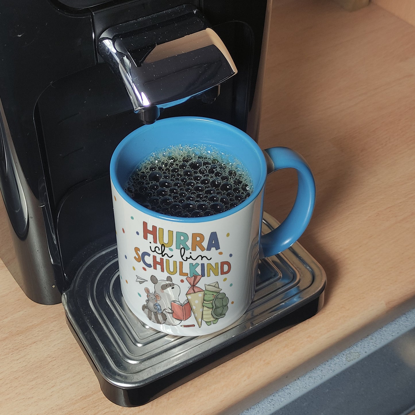 Tiere zur Einschulung Kaffeebecher in hellblau mit Spruch Hurra ich bin Schulkind