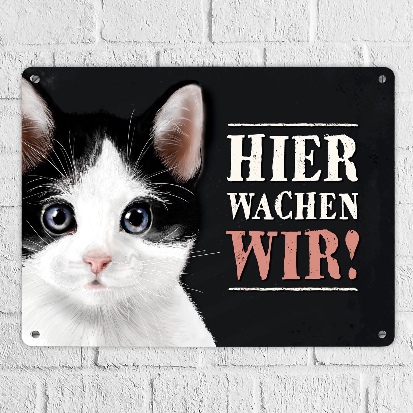 Hier wachen wir! Metallschild XL mit Katze Motiv