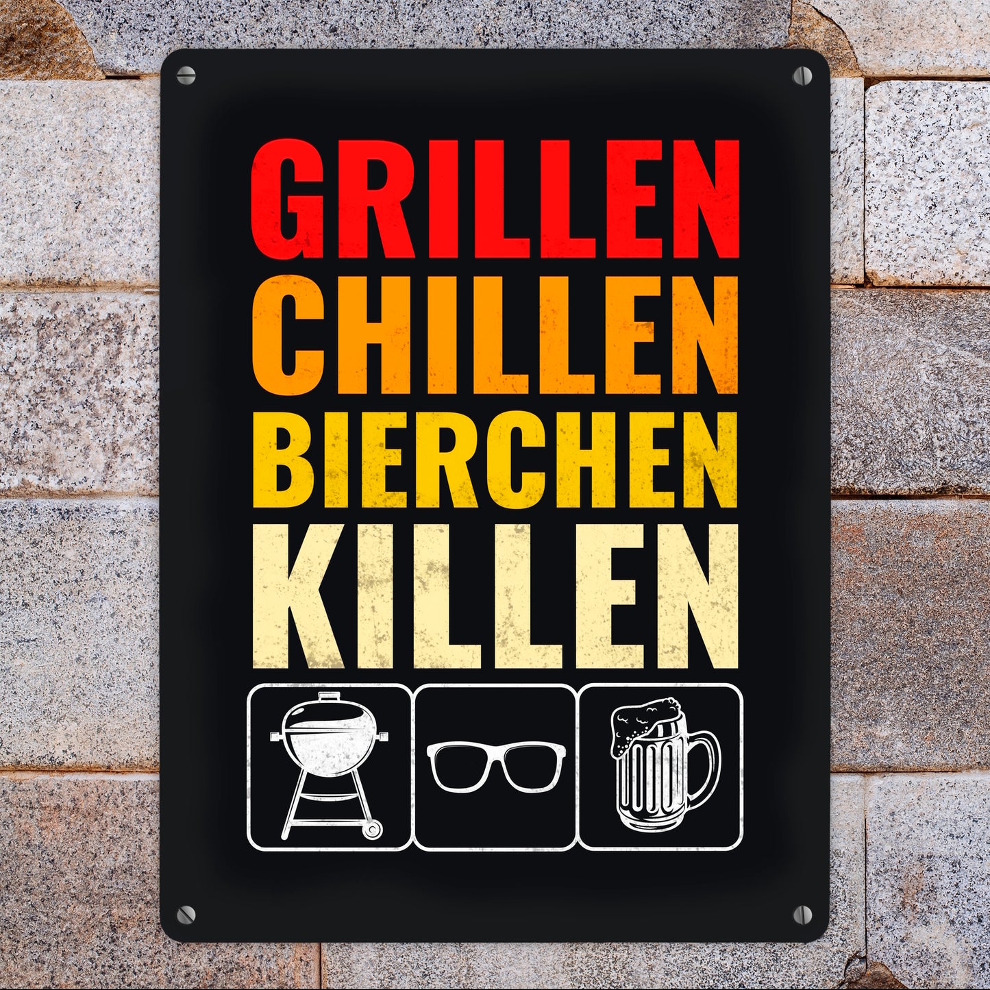 Grillen, Chillen, Bierchen Killen Metallschild XL mit Grill-, Sonnenbrille- und Biermotiv