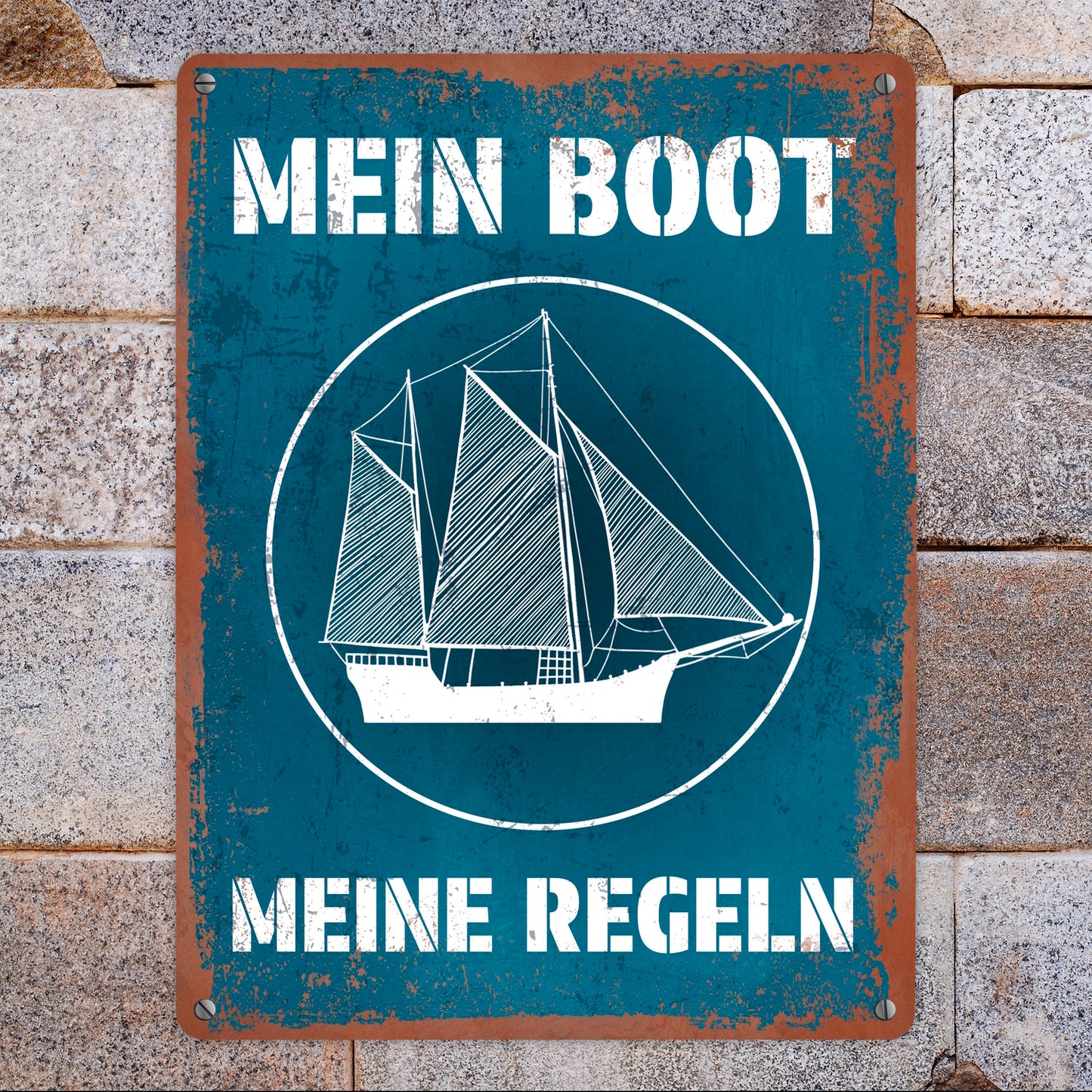 Mein Boot meine Regeln Metallschild XL in 21x28 cm mit Rostoptik in blau