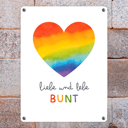 Regenbogenherz Metallschild in 15x20 cm mit Spruch Liebe und lebe bunt