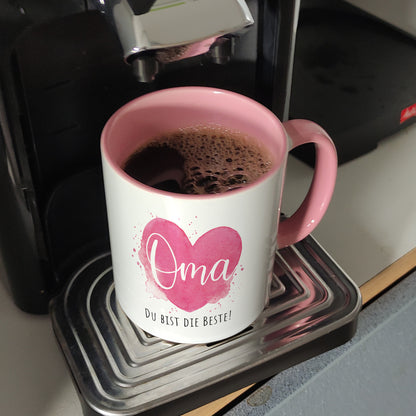 Beste Oma Kaffeebecher in rosa mit Spruch Oma Du bist die Beste