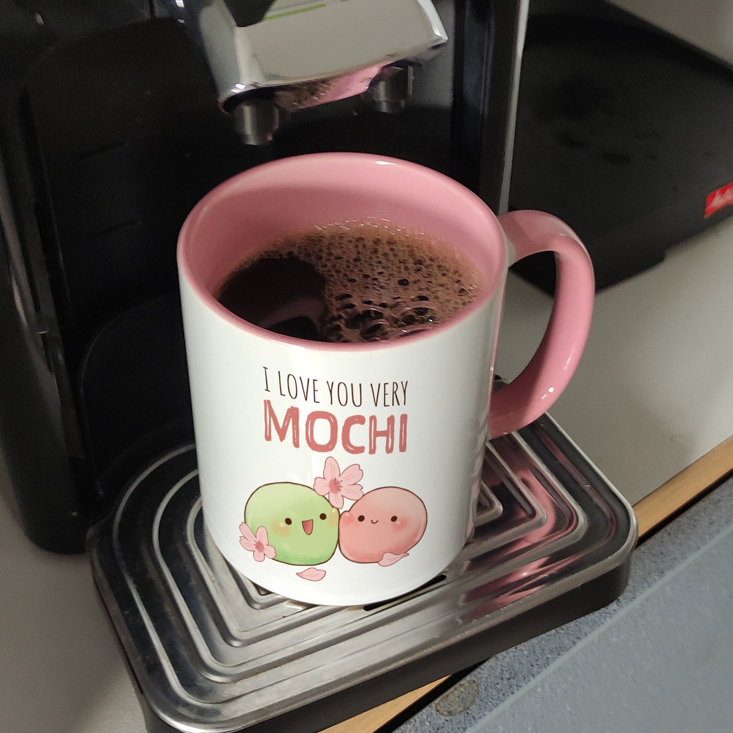 Mochi Paar Kaffeebecher in rosa mit Spruch I love you very Mochi