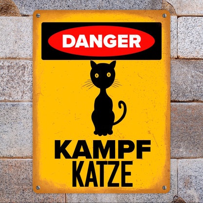 Danger Kampf Katze Metallschild XL in 21x28 cm mit Katzen Silhouette