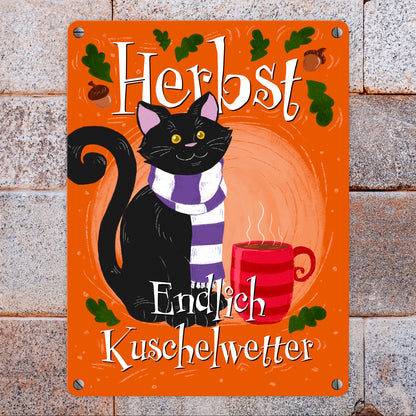 Herbst - Endlich Kuschelwetter Metallschild in 15x20 cm mit schwarzer Katze