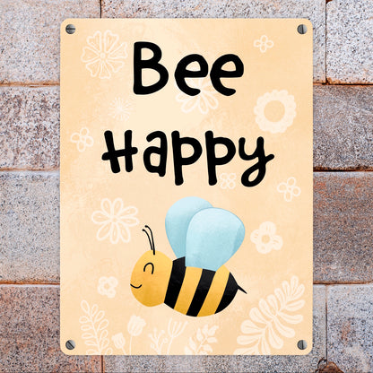 Bee Happy lustiges Metallschild in 15x20 cm mit glücklicher Biene