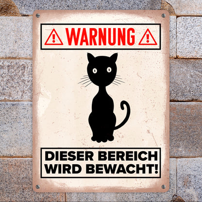 Warnung Bereich wird bewacht Metallschild XL in 21x28 cm mit Katzen Silhouette