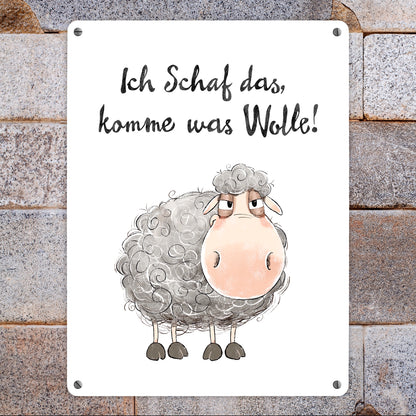 Schaf Metallschild XL in 21x28 cm mit Spruch Ich Schaf das komme was Wolle