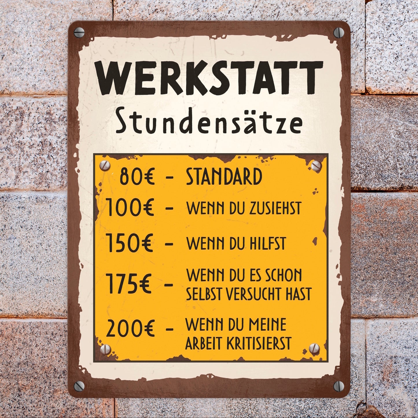 Werkstatt Stundensätze Metallschild in 15x20 cm