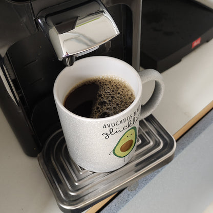 Niedliche Avocado Glitzer-Kaffeebecher mit Spruch Avocados machen glücklich