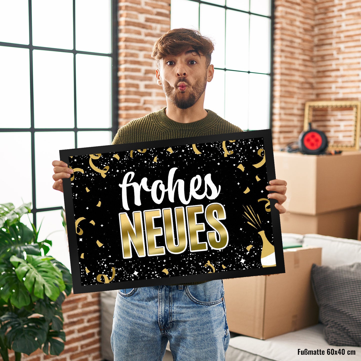 Frohes Neues Fußmatte XL mit Konfetti und Sekt Motiv