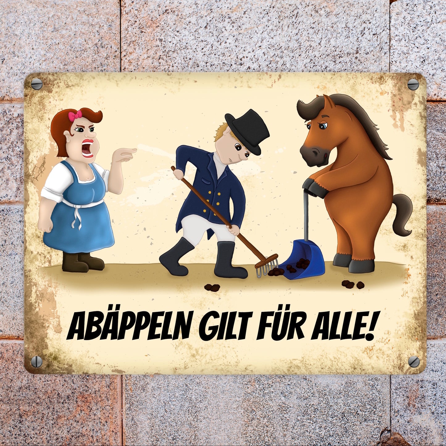 Metallschild mit Reiter und Pferde Motiv und Spruch: Abäppeln gilt für alle