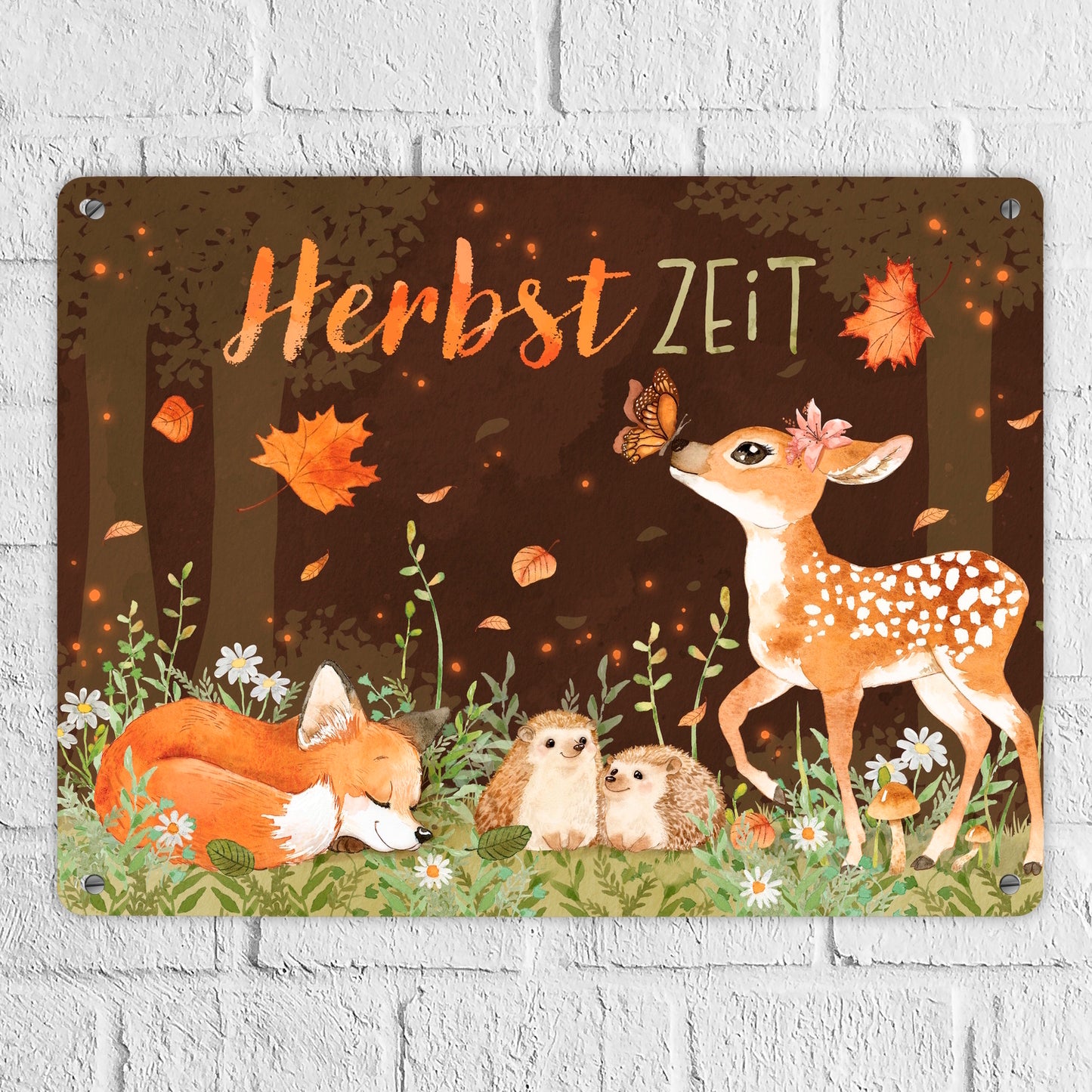 Tiere des Waldes Metallschild XL in 21x28 cm mit Spruch Herbstzeit