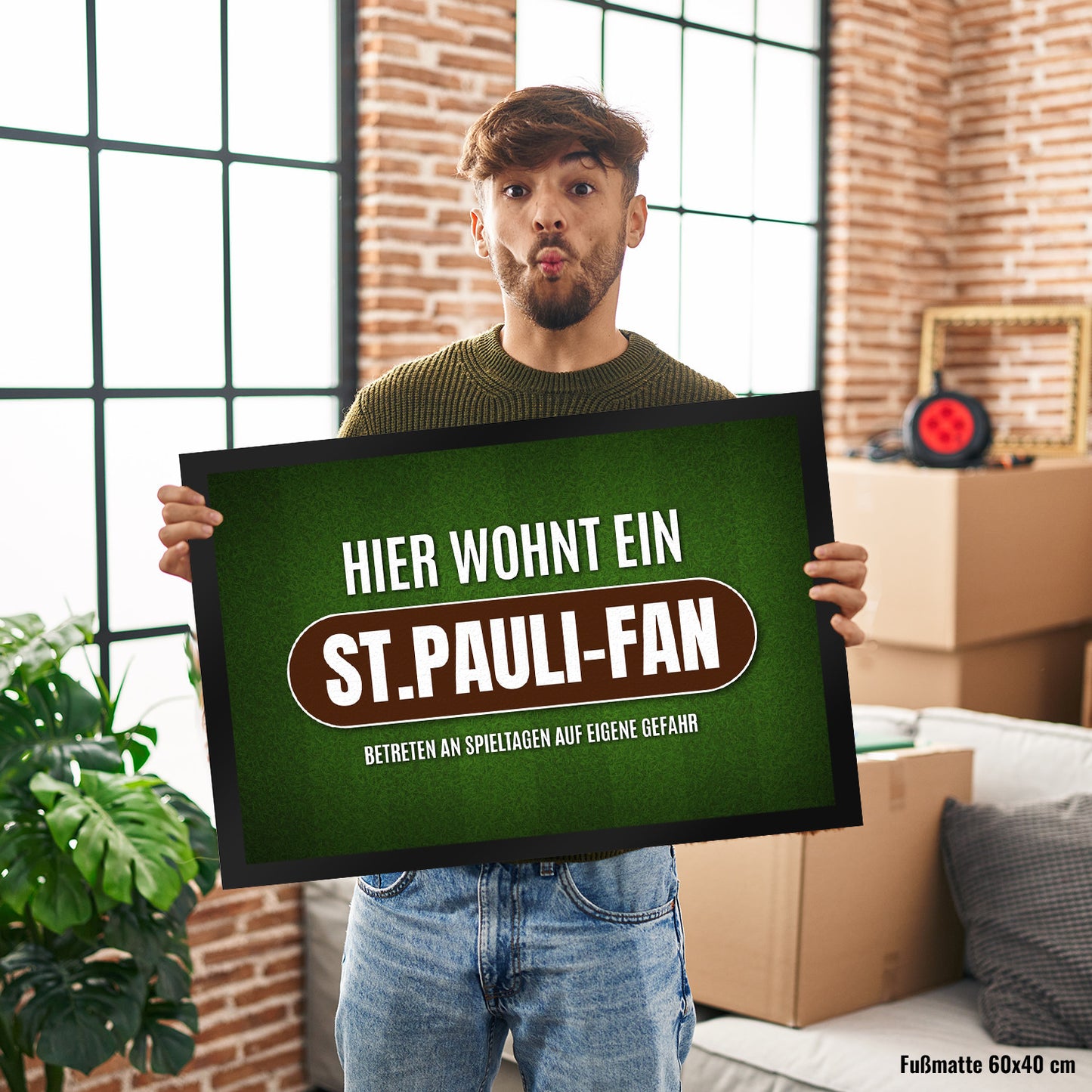 Hier wohnt ein St.Pauli-Fan Fußmatte XL mit Rasen Motiv